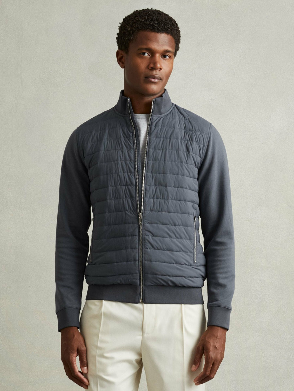 Hybrid Quilt and Knit Zip-Through Jacket in Airforce Blue