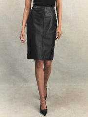 Leather High Rise Midi Skirt in Black