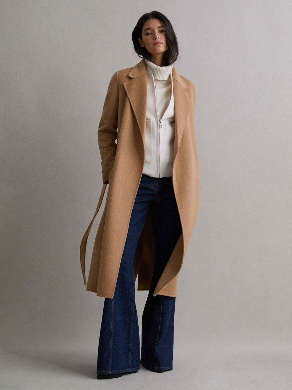 Wool Blend Belted Blindseam Coat in Camel