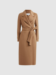 Wool Blend Belted Blindseam Coat in Camel