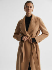 Wool Blend Belted Blindseam Coat in Camel
