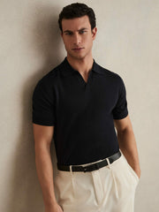 Merino Wool Open Collar Polo Shirt in Navy
