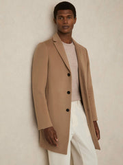 Wool Blend Single Breasted Epsom Overcoat in Camel