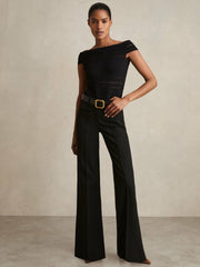 Petite High Rise Flared Trousers in Black