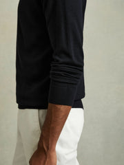 Slim Fit Merino Wool Roll Neck Jumper in Navy