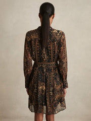 Botanical-Print Chiffon Mini Dress in Navy