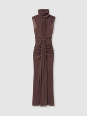 Sheer Ruched Maxi Dress in Taupe