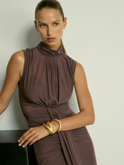 Sheer Ruched Maxi Dress in Taupe