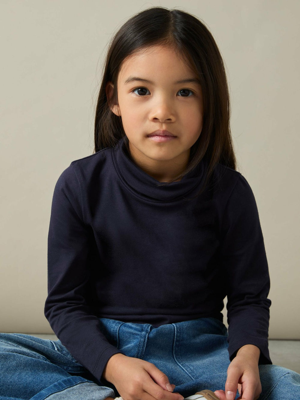 4-9 yrs Cotton-Jersey Roll-Neck Top with Stretch in Navy
