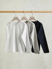 9-13 yrs Cotton Jersey Long Sleeve T-Shirts 3 Pack in White/Soft Grey/Navy