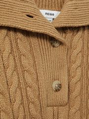 13-14 yrs Cotton-Blend Open-Collar Cable-Knit Jumper With Wool in Camel