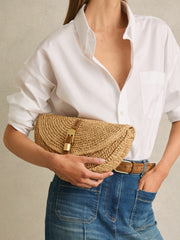 Raffia Half-Moon Clutch Bag in Natural