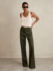 Twill Patch-Pocket Flared Trousers in Green