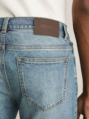 Cotton-Stretch Slim-Fit Jeans in Washed Indigo Green Cast