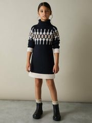 13-14 yrs Wool-Blend Fair Isle Roll-Neck Dress in Navy