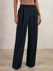 Petite Elasticated-Waist Wide-Leg Twill Trousers in Navy