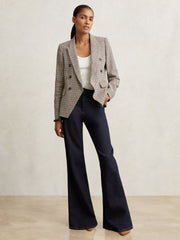 Cotton-Linen Double-Breasted Houndstooth-Check Blazer in Navy Neutral Check