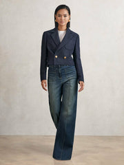 Petite Patch-Pocket Flared Jeans in Mid Blue