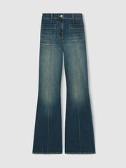 Petite Patch-Pocket Flared Jeans in Mid Blue