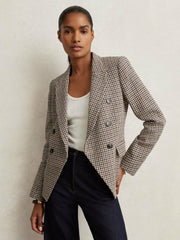 Petite Cotton-Linen Double-Breasted Houndstooth-Check Blazer in Navy Neutral Check