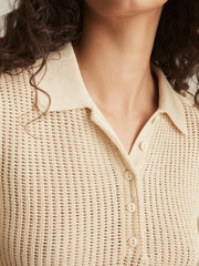 Cotton-Blend Open-Knit Polo Shirt in Ivory