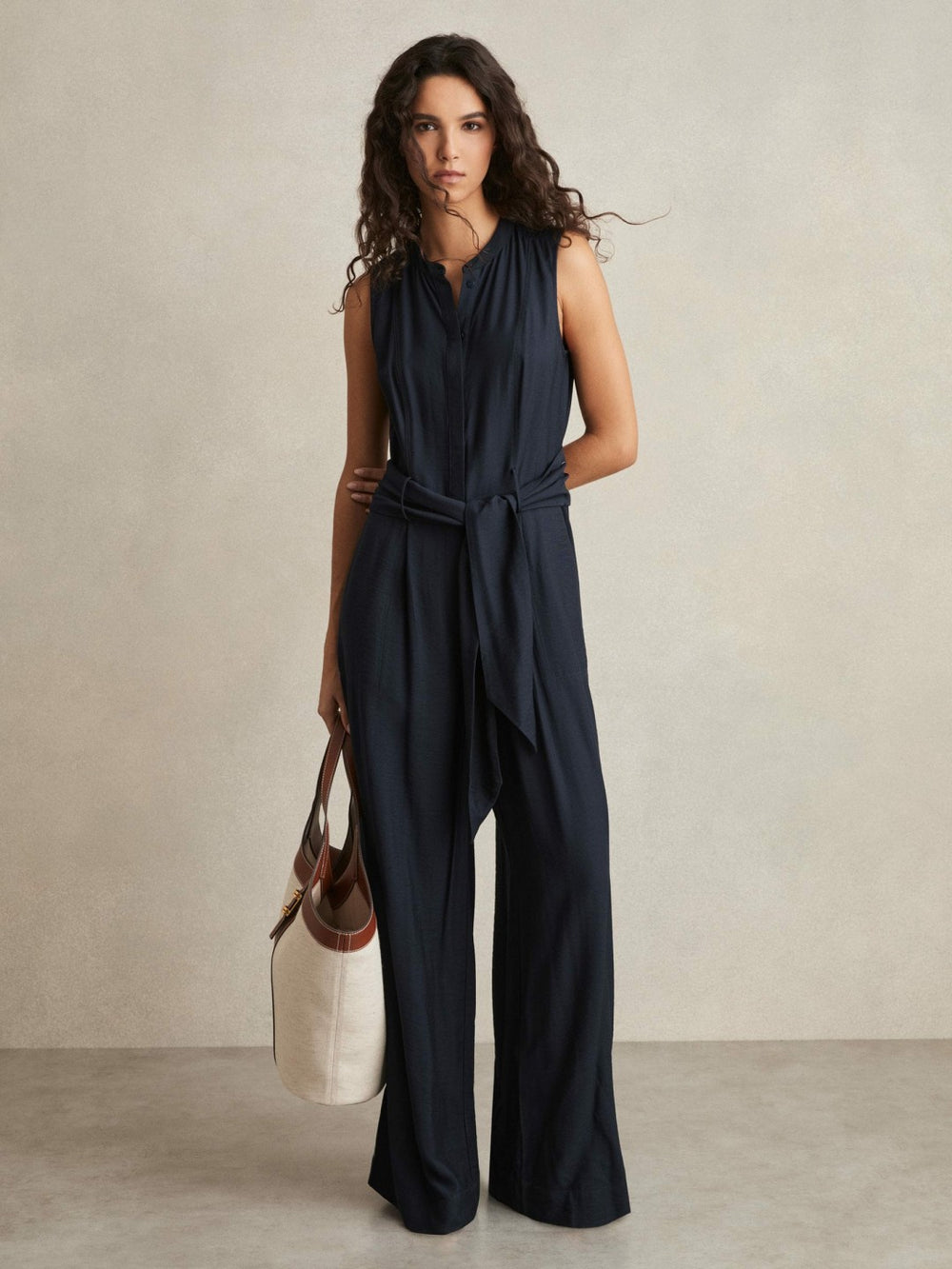 Wide-Leg Belted Jumpsuit in Navy
