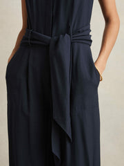 Wide-Leg Belted Jumpsuit in Navy