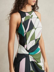 Geometric-Print Gathered Midi Dress in Green