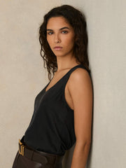 Silk-Front Cami Top in Black