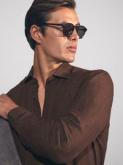 Linen Button-Through Shirt in Dark Brown