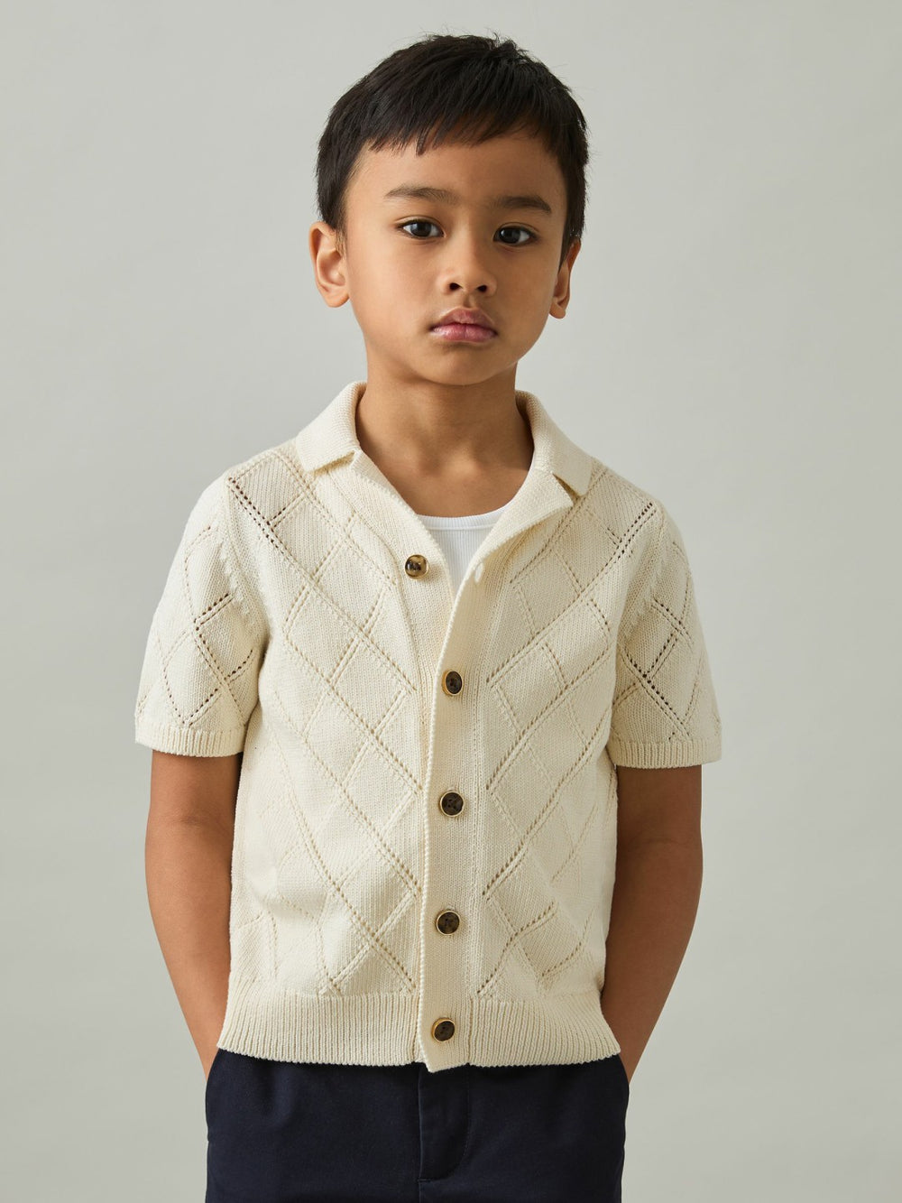 3-9 yrs Cotton Blend Diamond Knit Shirt in Off White