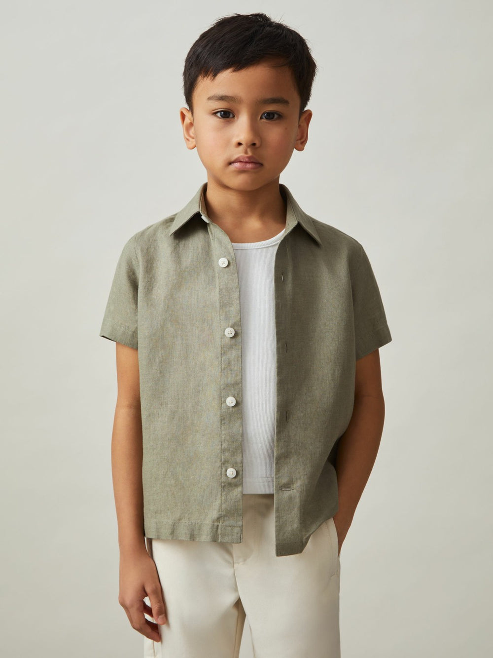 3-9 yrs Short Sleeve Linen Shirt in Thyme Green