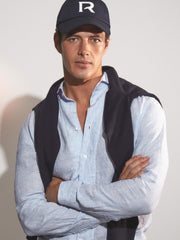 Linen Striped Long Sleeve Shirt in Soft Blue/White Fine Stripe