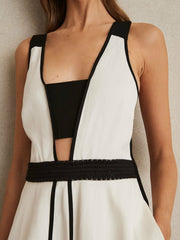 Contrast Trim Flared Midi Dress With Linen in Ivory/Black