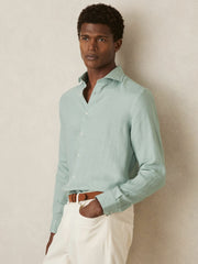 Linen Button-Through Shirt in Ocean Green
