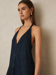 Denim Halterneck Maxi Dress in Indigo