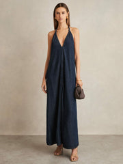 Denim Halterneck Maxi Dress in Indigo