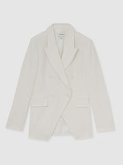 Linen-Blend Double-Breasted Suit Jacket in White