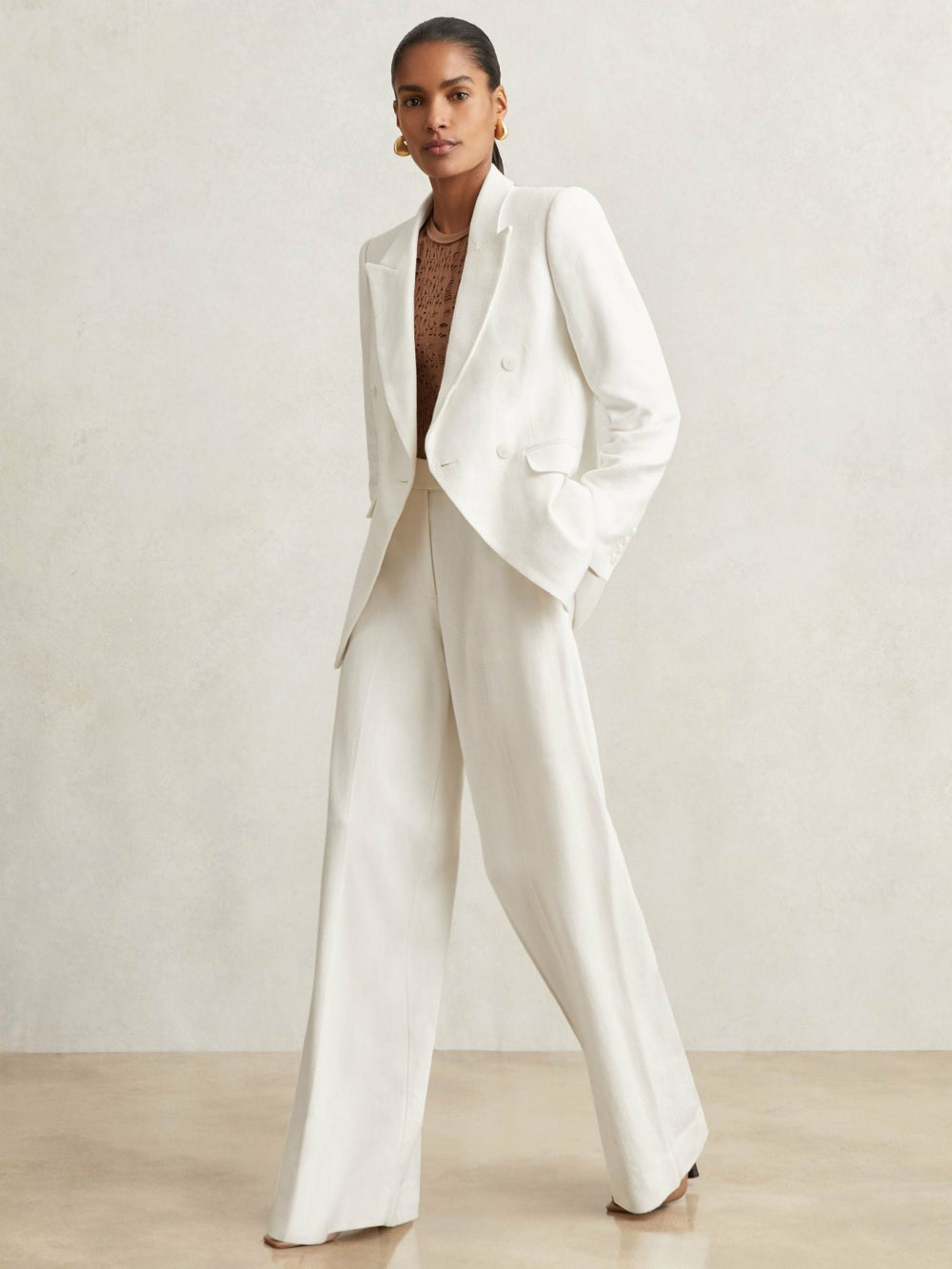 Petite Linen-Blend Double-Breasted Suit Jacket in White