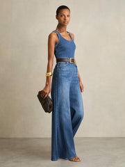 Wide-Leg Racer-Back Denim Jumpsuit in Indigo