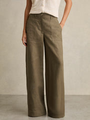 Linen Wide Leg Trousers in Khaki