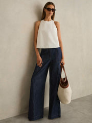 Petite Linen Wide Leg Trousers in Indigo