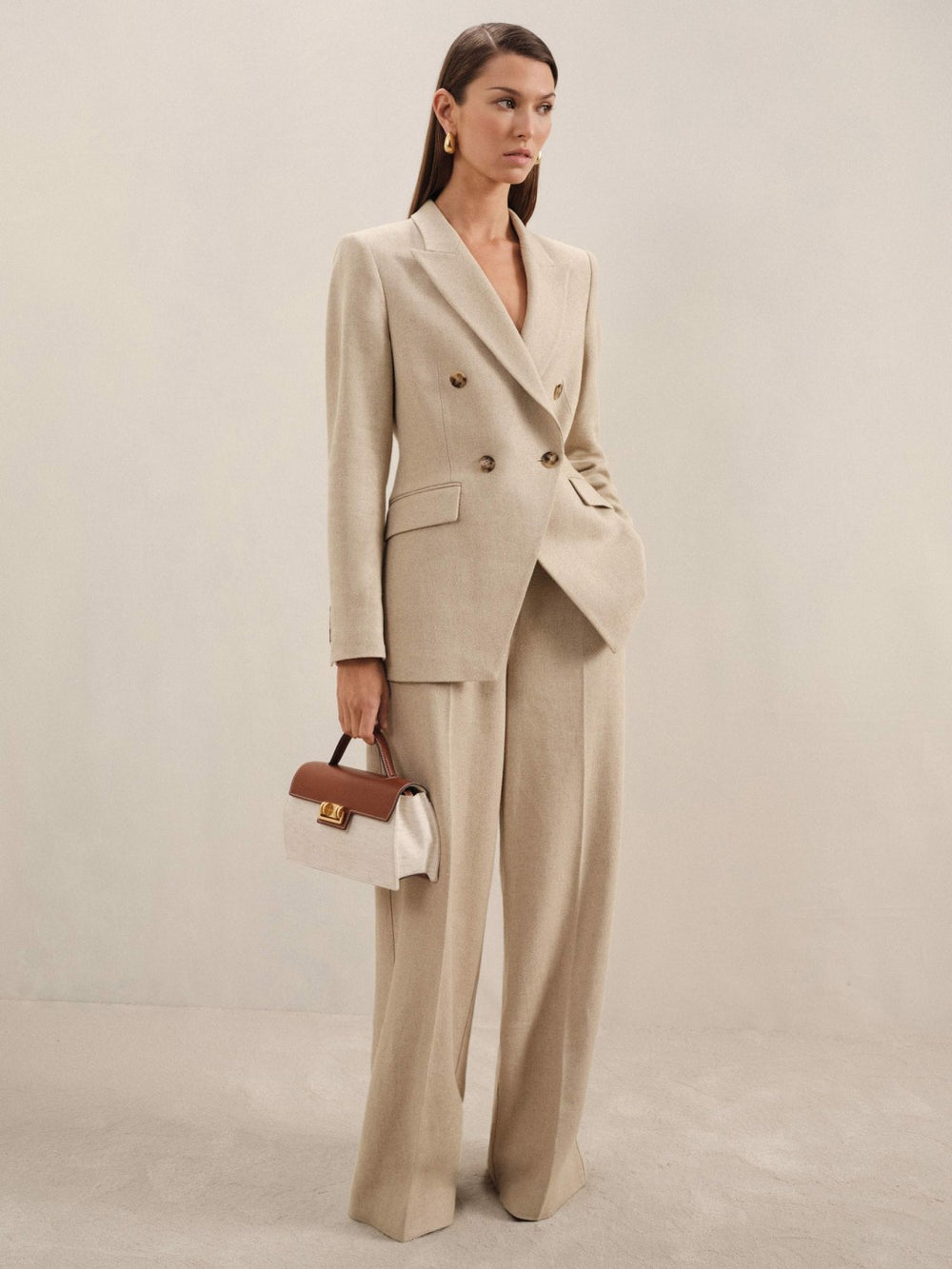 Petite Linen-Blend Double-Breasted Suit Jacket in Neutral