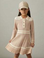 4-9 yrs Rib-Knit Pointelle Flared Dress in Pale Pink