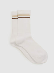 Cotton-Blend Striped Crew Socks in White