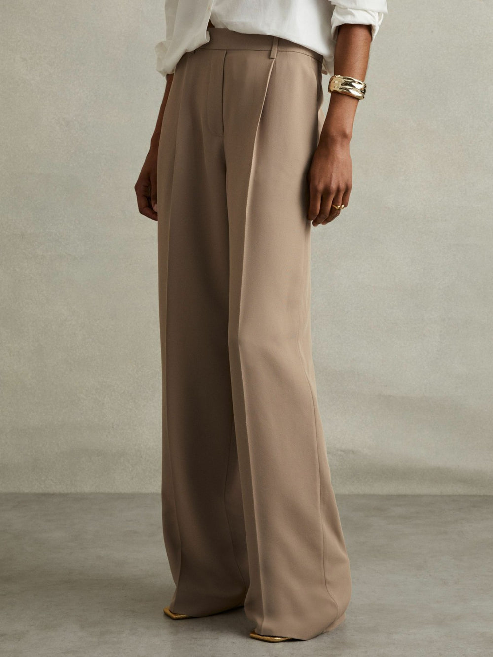 Petite Elasticated-Waist Wide-Leg Twill Trousers in Mink Neutral