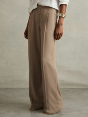 Petite Elasticated-Waist Wide-Leg Twill Trousers in Mink Neutral