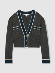 Wool-Cashmere Tipped V-Neck Cardigan in Charcoal