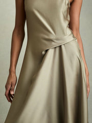 Satin Drape Tuck Midi Dress in Khaki
