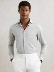 Cotton-Blend Jersey Cutaway-Collar Shirt in Grey Melange